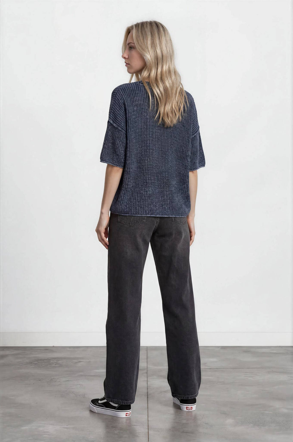 WASHED CREW NECK RAW EDGE SHORT SLEEVE SWEATER