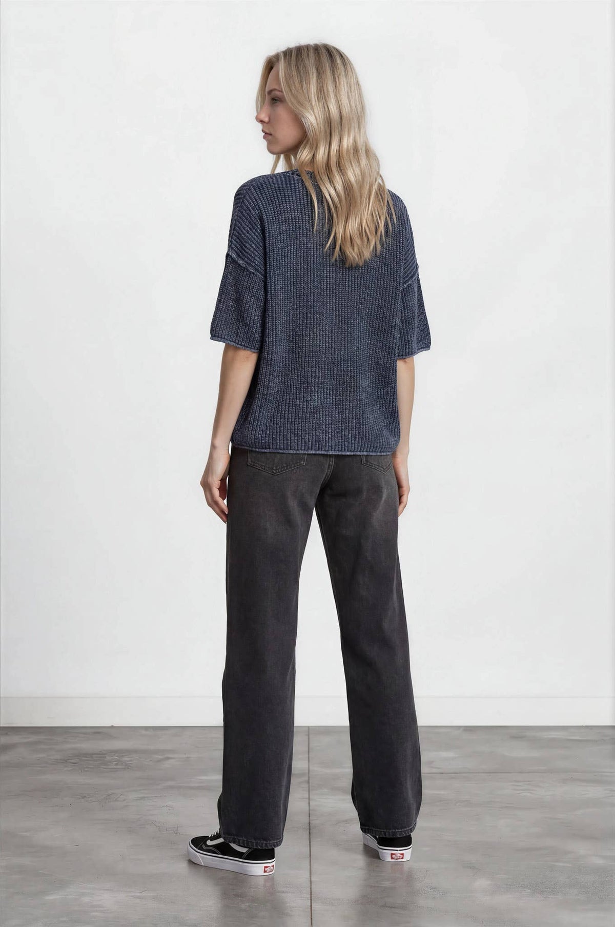 WASHED CREW NECK RAW EDGE SHORT SLEEVE SWEATER