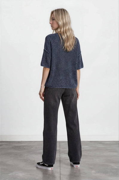 WASHED CREW NECK RAW EDGE SHORT SLEEVE SWEATER