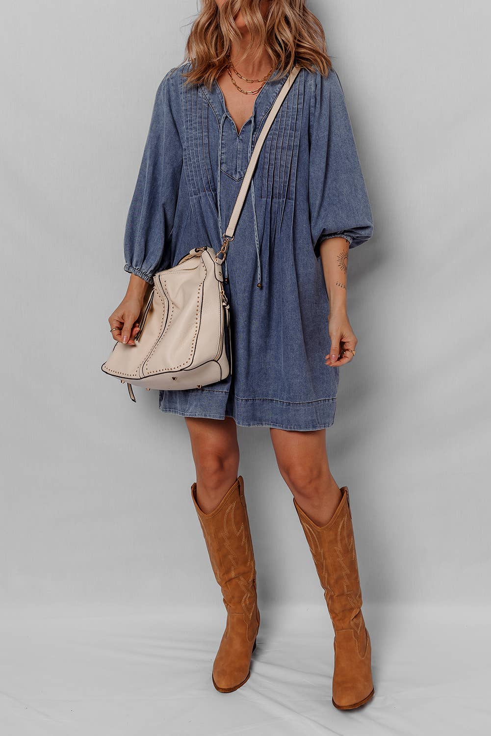 V Neck Pleated Denim Mini Dress