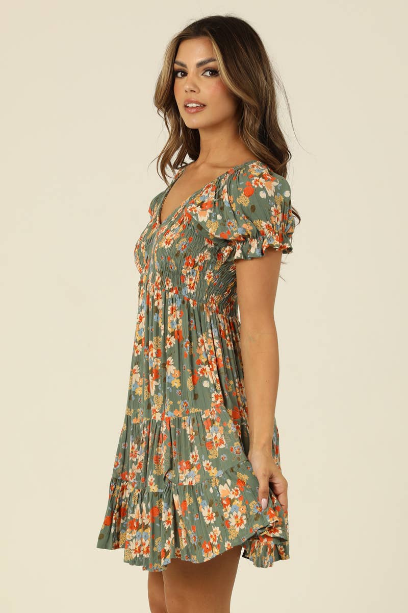 SMOCKED BODICE SHORT SLEEVE DRESS
