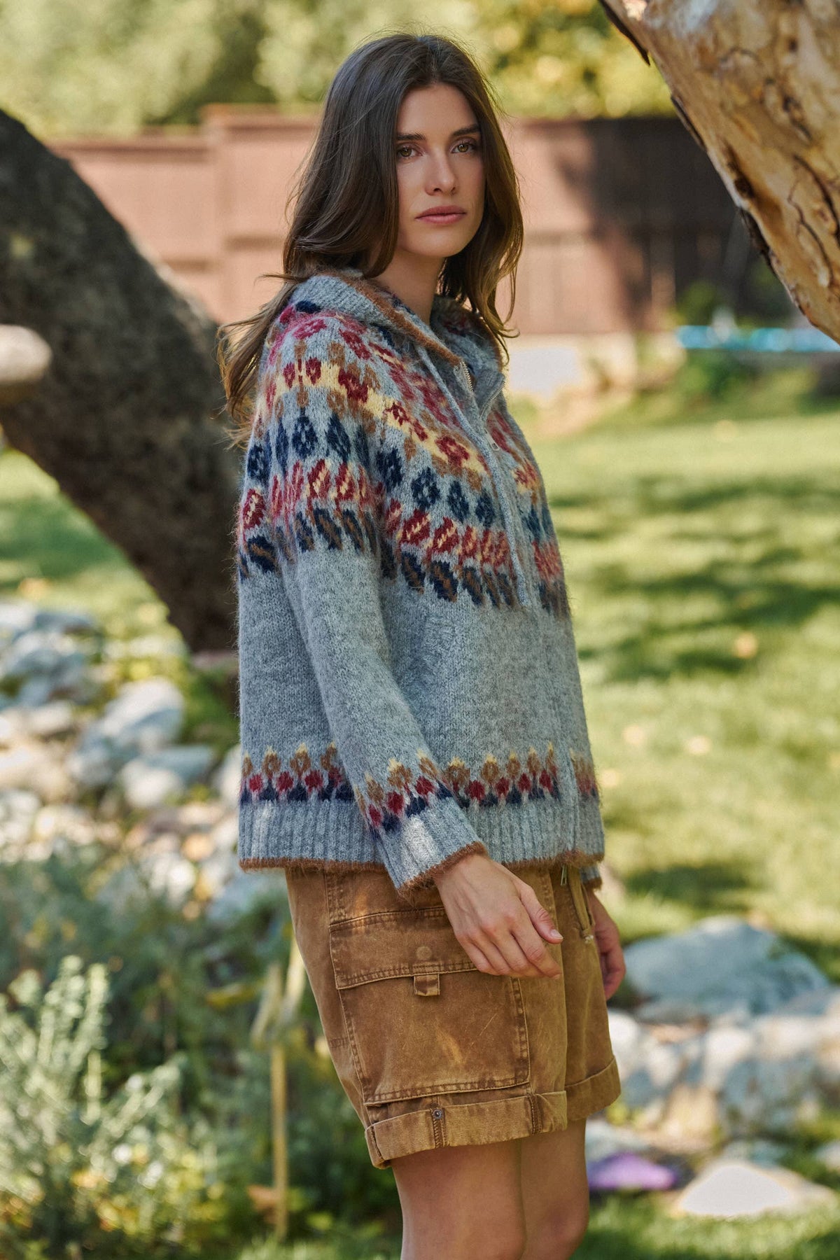 Fair Isle Knit Zip Hoodie Cardigan Sweater