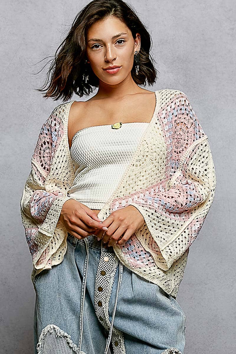Granny Square Weave Roomy Fit Crochet Open Cardigan Top