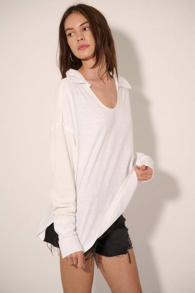 Mixed Media Slub Knit Collared Scoop Neck Top