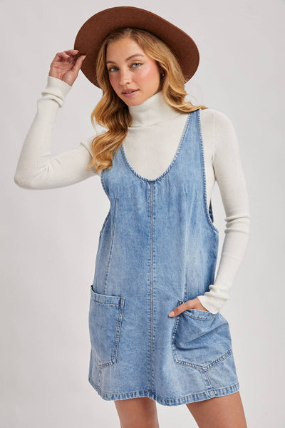DENIM WASHED OVERALL POCKET DRESS