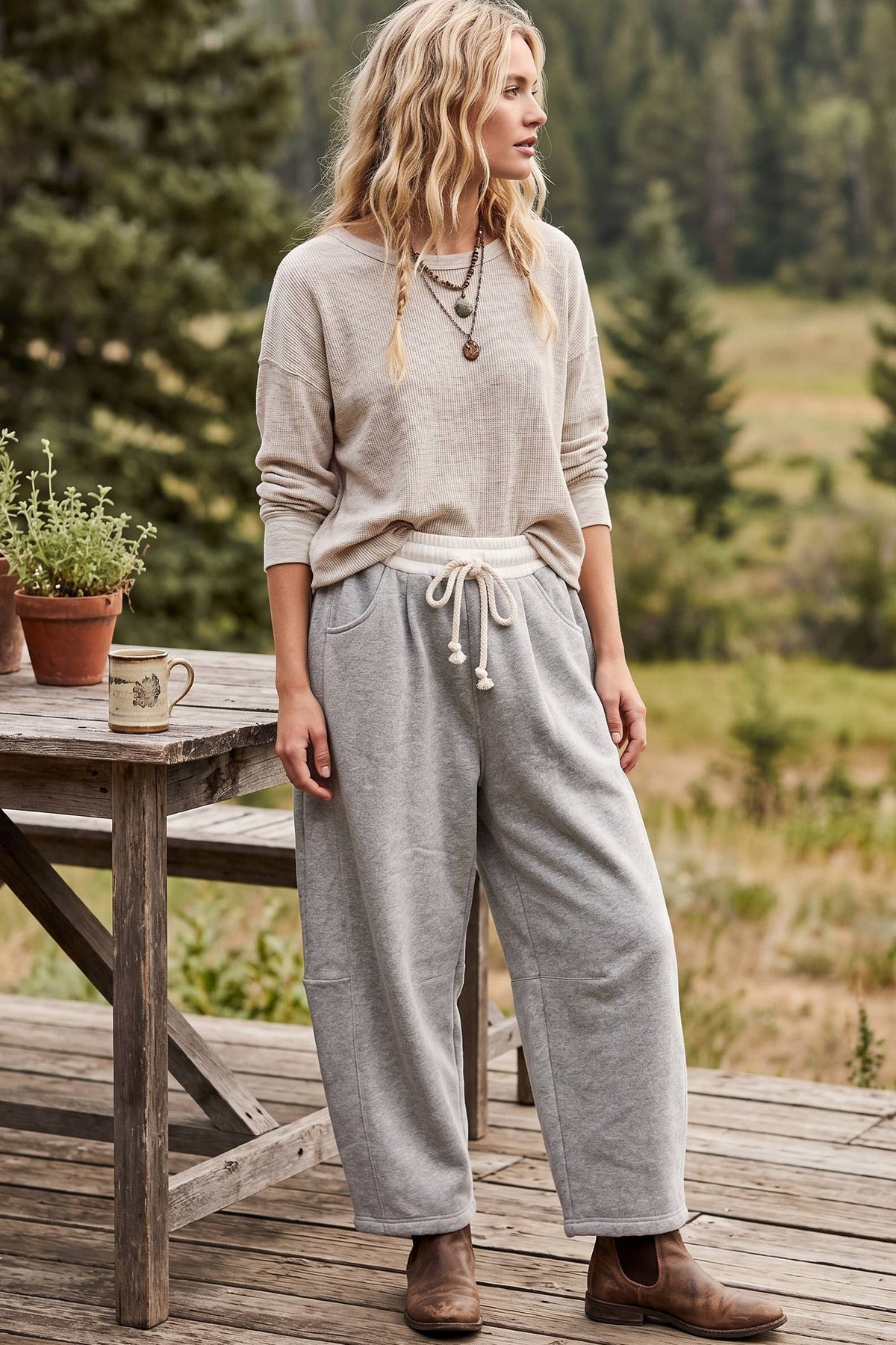 Fleece-Lined Oversized Barrel Leg Drawstring Pants