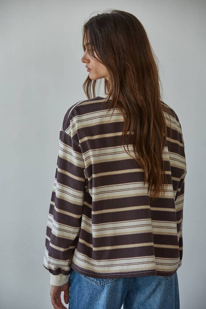 L8608 | Knit Cotton Multi Striped Crew Neck Long Sleeve Top