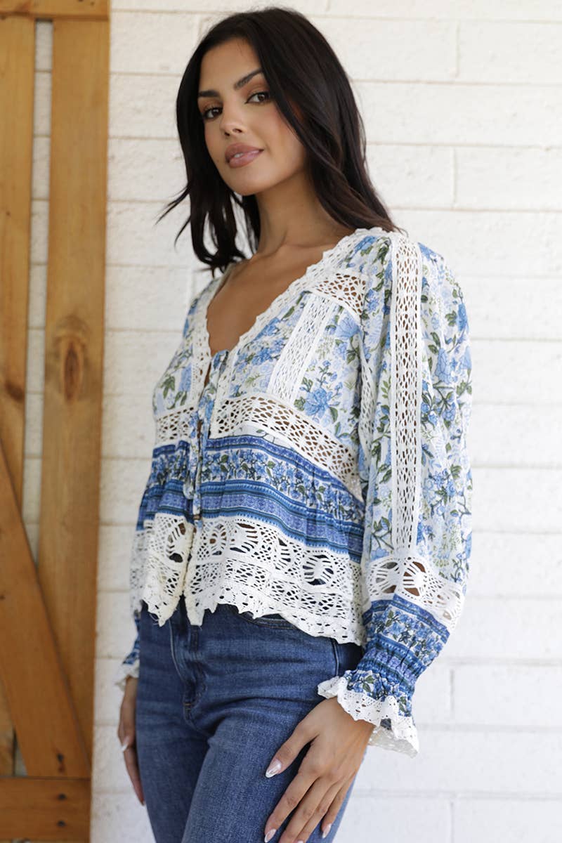 LACE TRIM TIE FRONT LONG SLEEVE BLOUSE