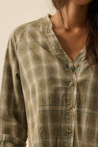 Plaid Flannel Raw-Edge Button-Up Mini Shirt Dress