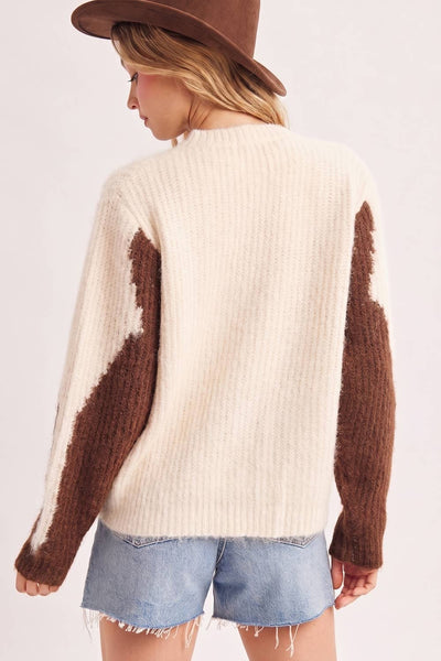 COWHIDE COLORBLOCK BUTTON DOWN FUZZY KNIT SWEATER CARDIGAN