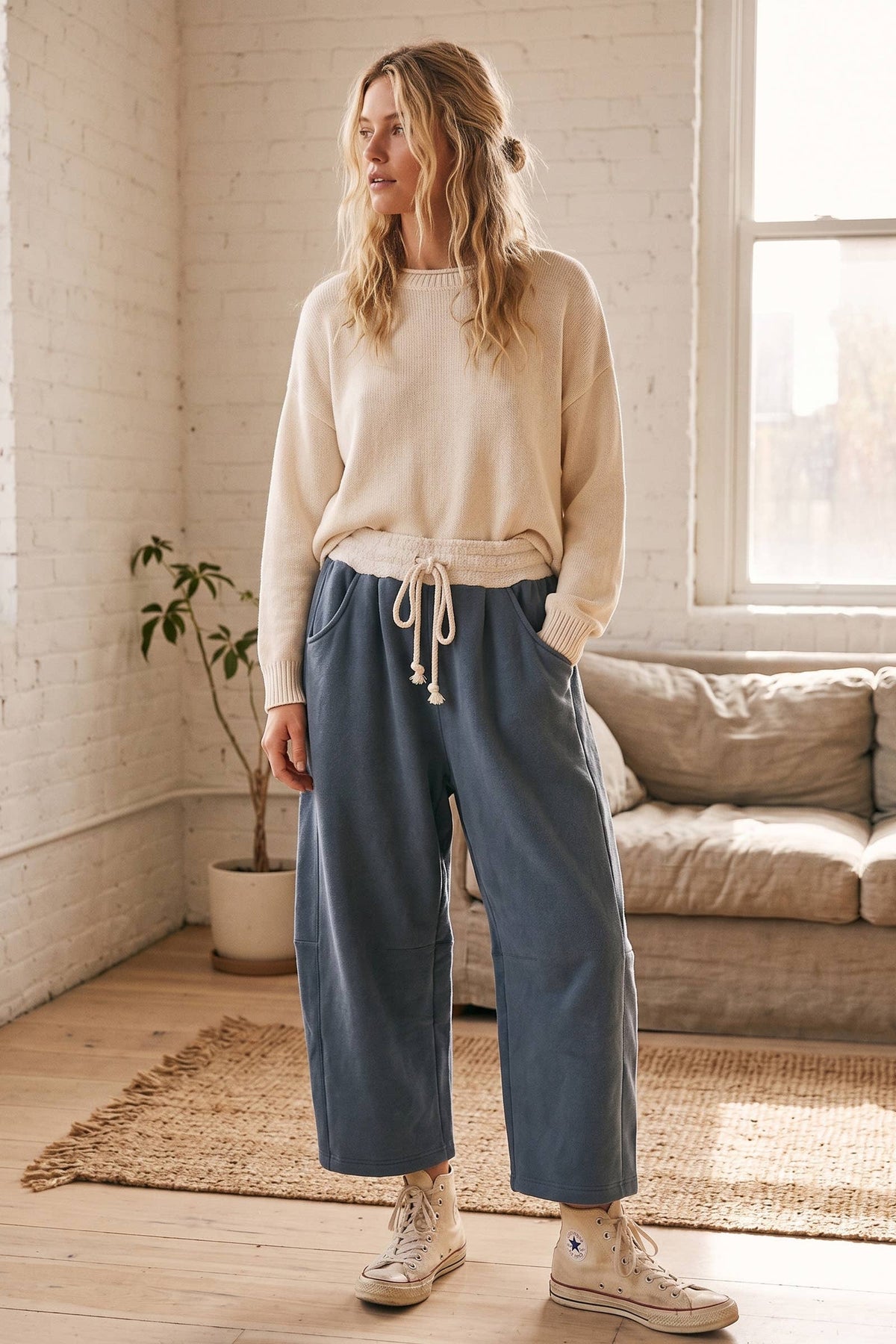 Fleece-Lined Oversized Barrel Leg Drawstring Pants