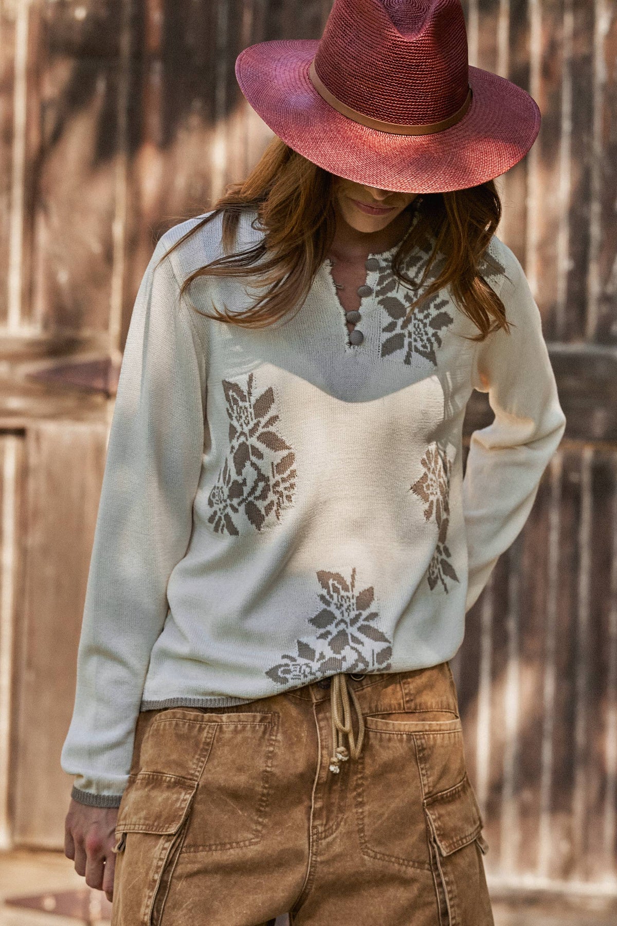 Floral Henley Knit Sweater With Buttons