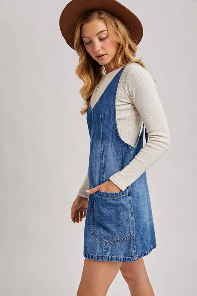 DENIM WASHED OVERALL POCKET DRESS