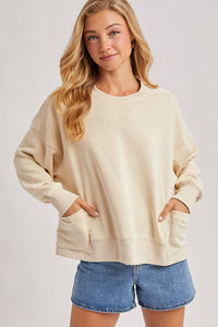 WASHED OVERSIZE KNIT SWEATSHIRT WITH POCKETS