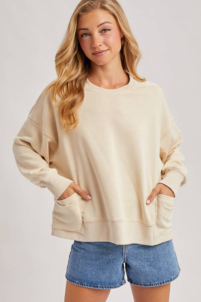 WASHED OVERSIZE KNIT SWEATSHIRT WITH POCKETS