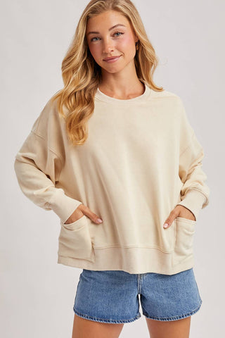 WASHED OVERSIZE KNIT SWEATSHIRT WITH POCKETS