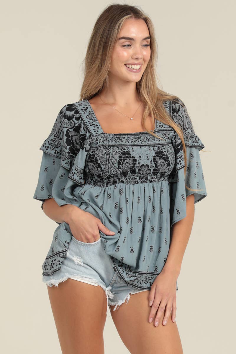 RUFFLE SLEEVES SMOCKED BUST BLOUSE