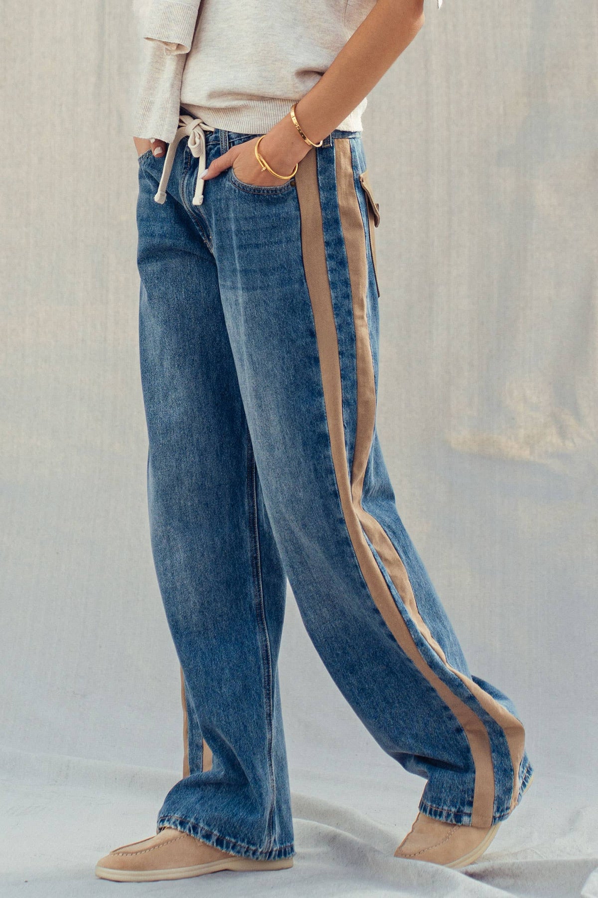 Wide-Leg Utility Stripe Denim Jeans