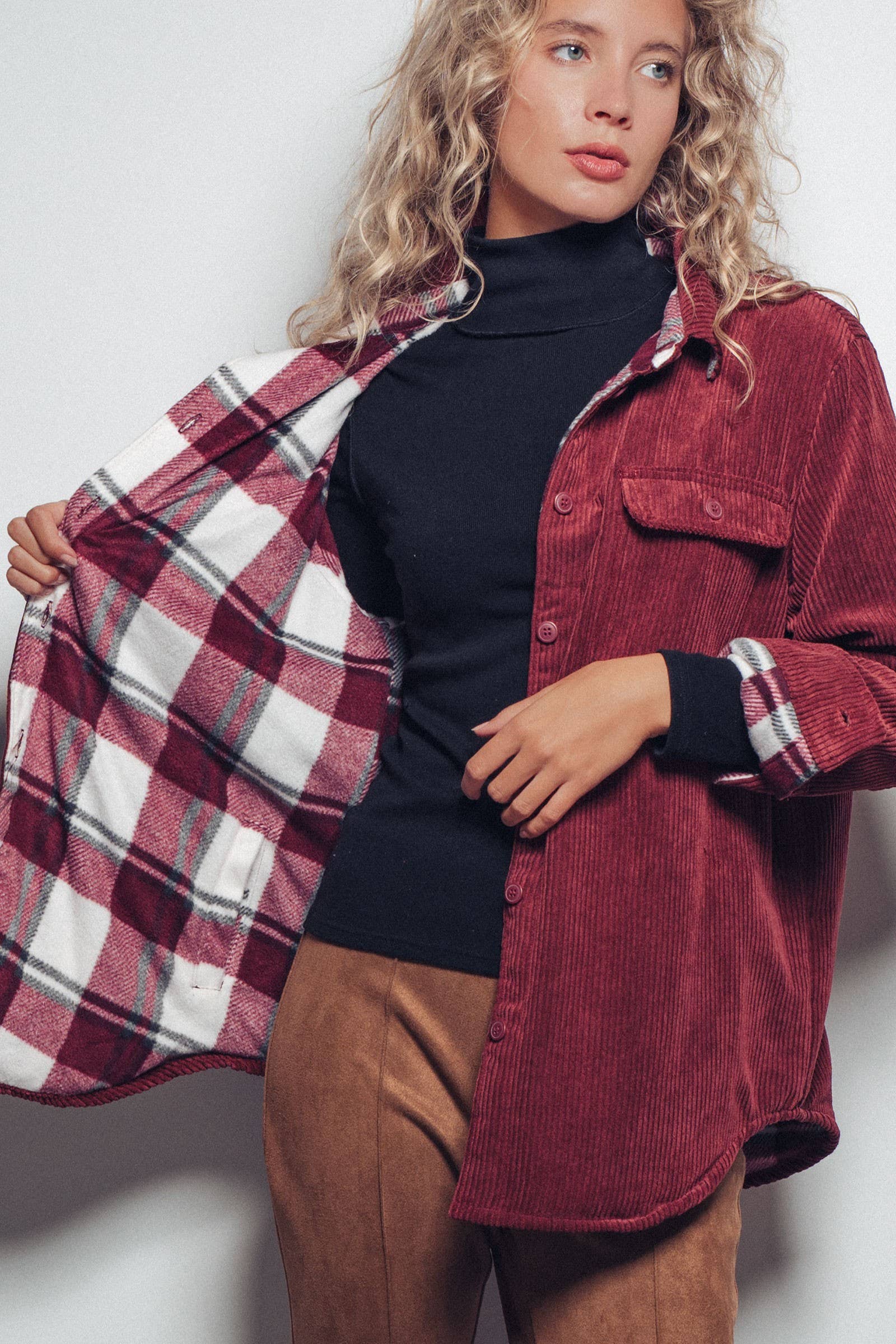 Plaid Lined Corduroy Flannel Shacket