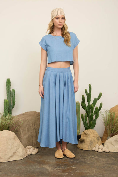CHAMBRAY PLEATED MIDI SKIRT