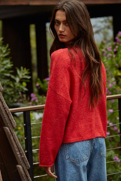 W2114 | Knit Sweater Rolled Round Neck Pullover Top