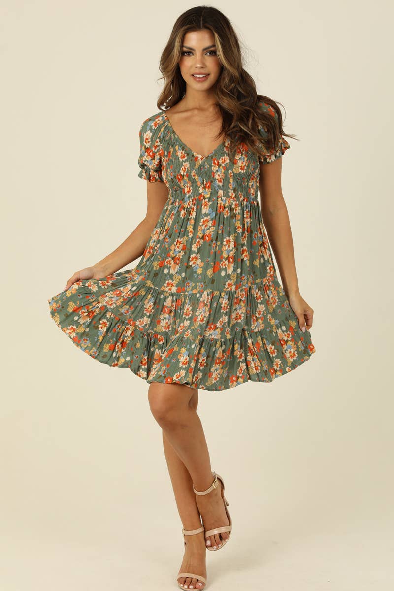 SMOCKED BODICE SHORT SLEEVE DRESS