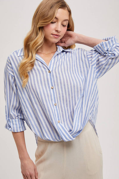 STRIPED BUTTON DOWN KNOTTED FRONT SHIRT