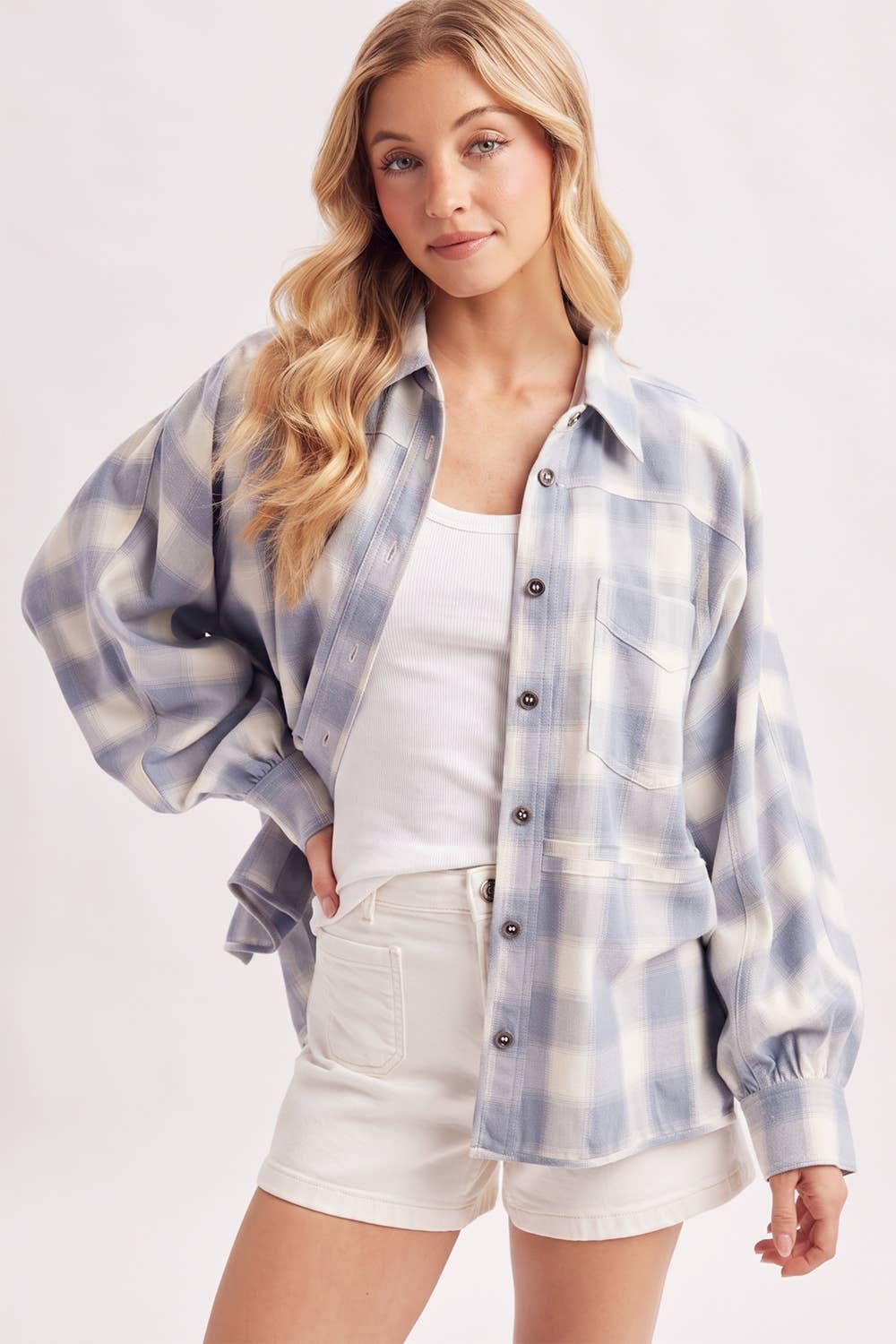 BUTTON DOWN PLAID SHACKET