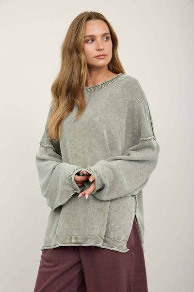 WASHED RAW EDGE CREW NECK DROP SLEEVE SWEATER
