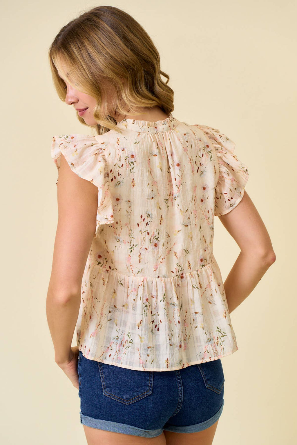 FLORAL PRINTED RUFFLE SLEEVE TOP - 45702T