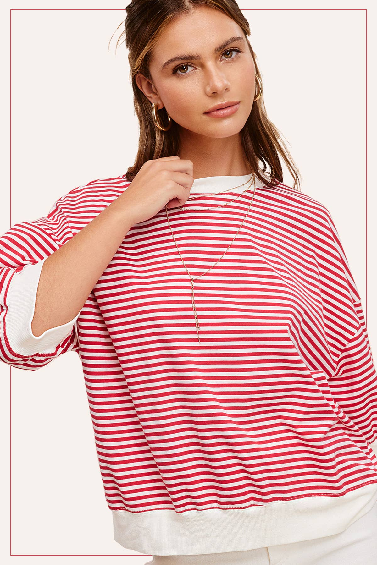 MCT7688-Loose Fit Striped Short Sleeve Crew Neckline Top