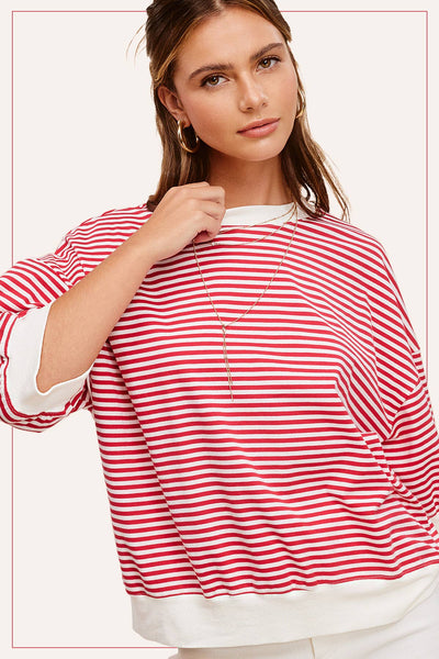 MCT7688-Loose Fit Striped Short Sleeve Crew Neckline Top