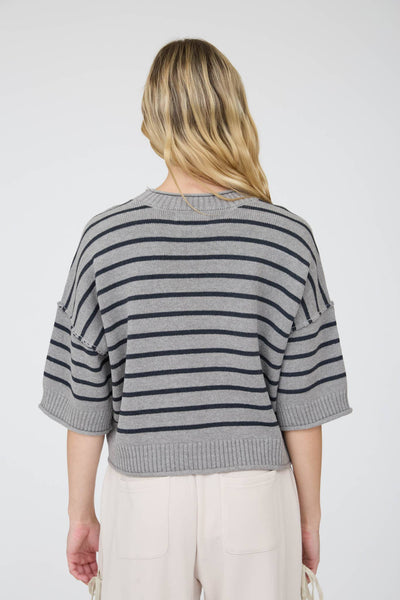 STRIPE RAW EDGE DROP SHOULDER SHORT SLEEVE SWEATER