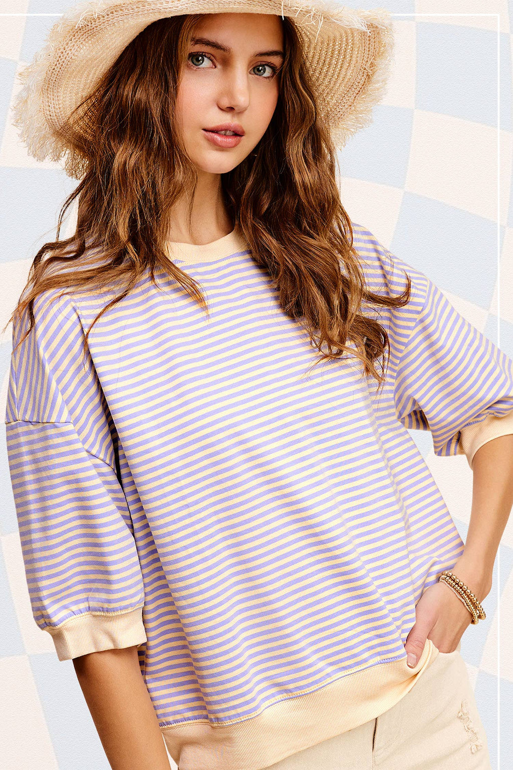 MCT7688-Loose Fit Striped Short Sleeve Crew Neckline Top