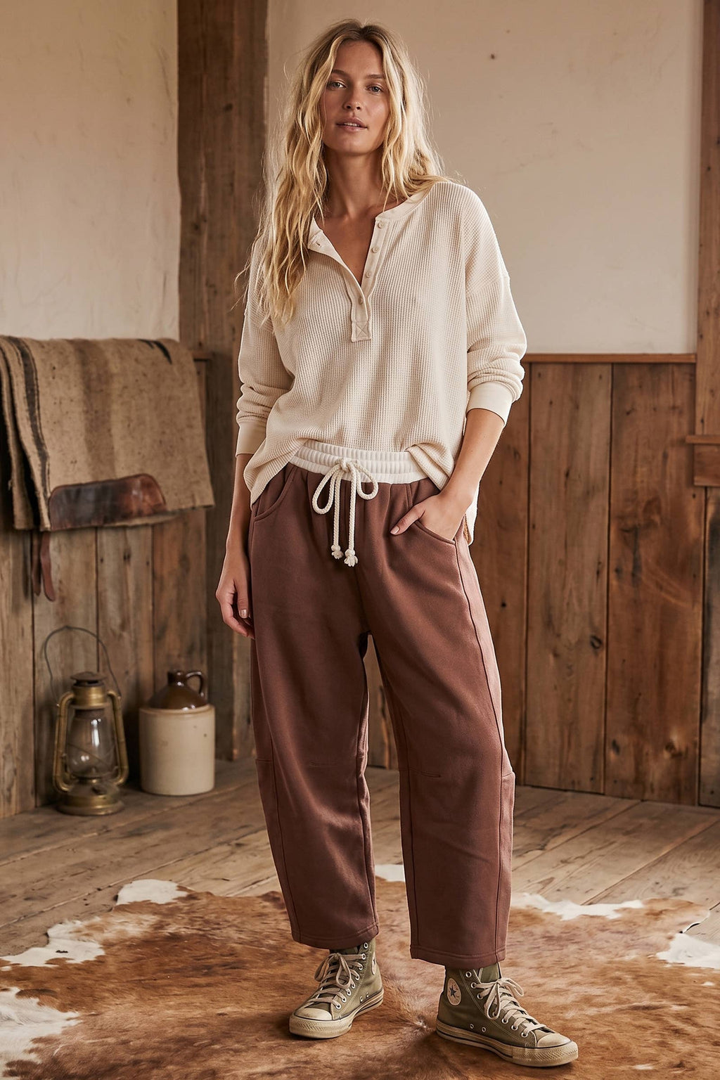 Fleece-Lined Oversized Barrel Leg Drawstring Pants