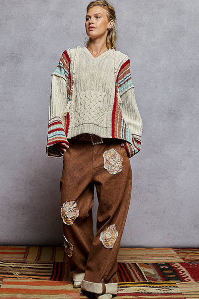 V neck striped pattern pocket detail chenille hoodie sweater