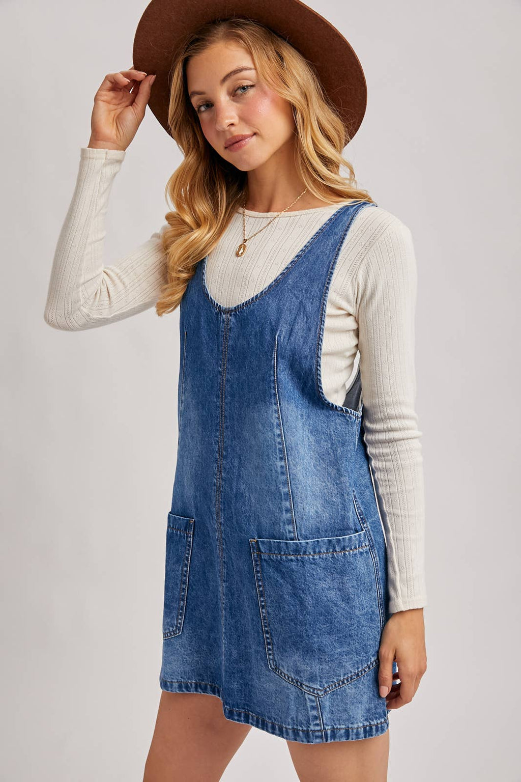 DENIM WASHED OVERALL POCKET DRESS