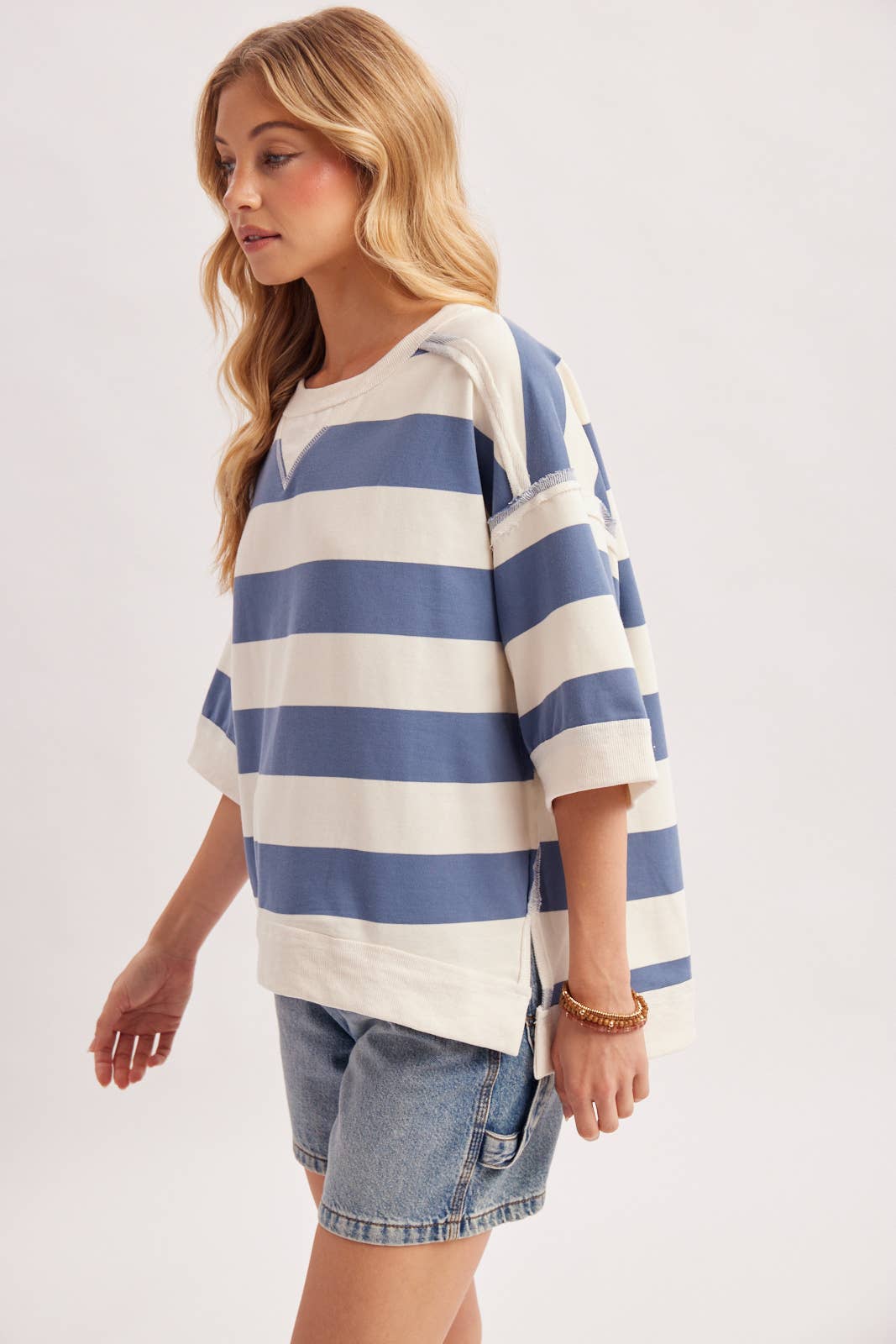 STRIPE OVERSIZED CREW NECK KNIT T-SHIRT TOP