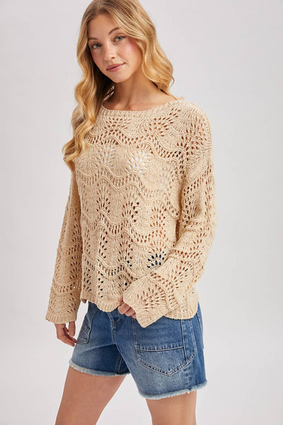 BOAT NECK SCALLOPED HEM OPEN KNIT SWEATER
