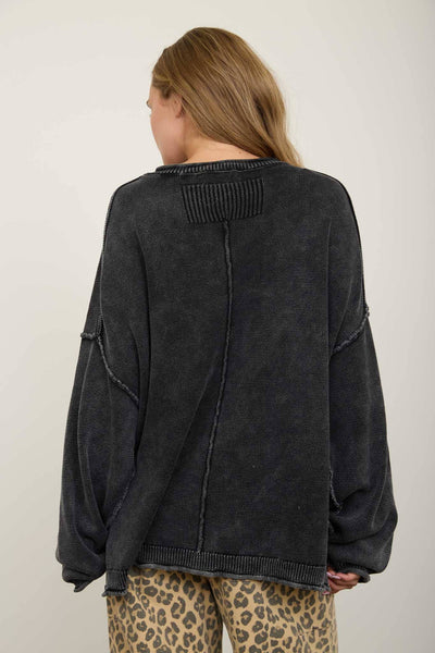 WASHED RAW EDGE CREW NECK DROP SLEEVE SWEATER