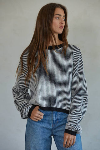 W1696 | Knit Cotton Acrylic Sweater Ribbed Striped Pullover