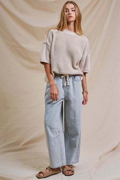 Relaxed Drawstring Barrel Denim Pants