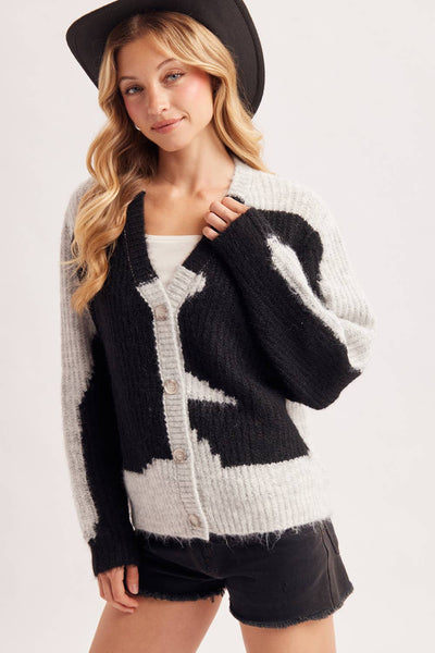 COWHIDE COLORBLOCK BUTTON DOWN FUZZY KNIT SWEATER CARDIGAN