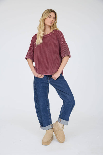 WASHED CREW NECK RAW EDGE SHORT SLEEVE SWEATER