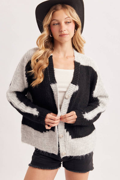 COWHIDE COLORBLOCK BUTTON DOWN FUZZY KNIT SWEATER CARDIGAN