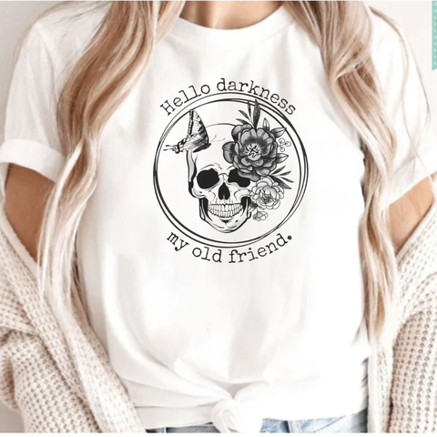 Hello Darkness My Old Friend Skull and Flowers T-Shirt