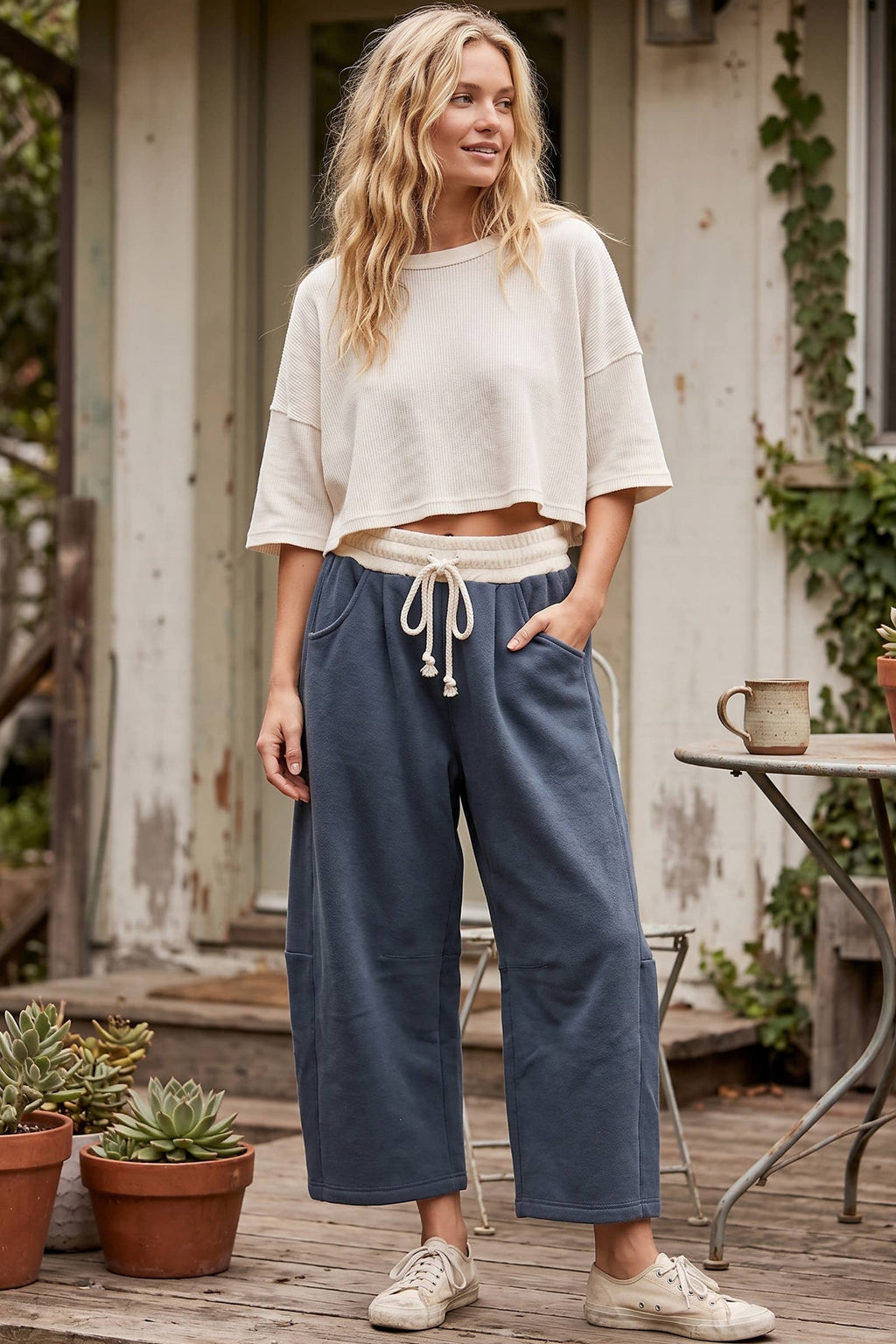 Fleece-Lined Oversized Barrel Leg Drawstring Pants