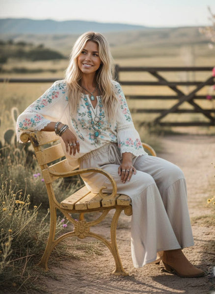Linen Blend Tiered Wide Leg Palazzo Full Length Pants