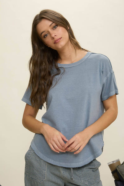 EXPOSED SEAM RAW EDGE SHORT SLEEVE KNIT TOP