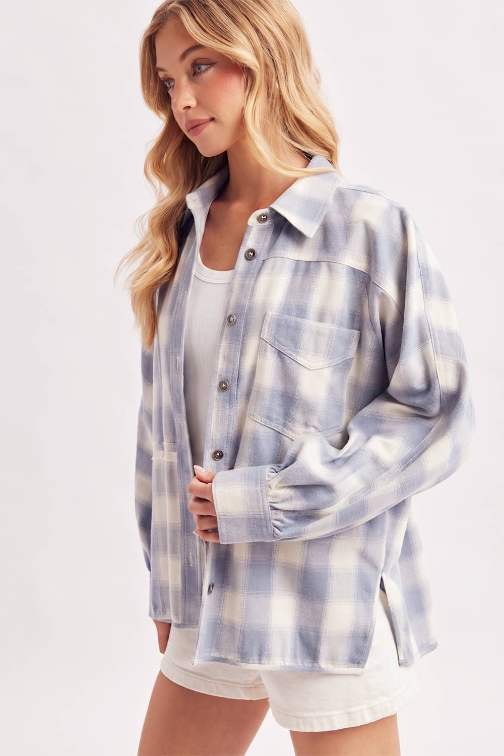 BUTTON DOWN PLAID SHACKET